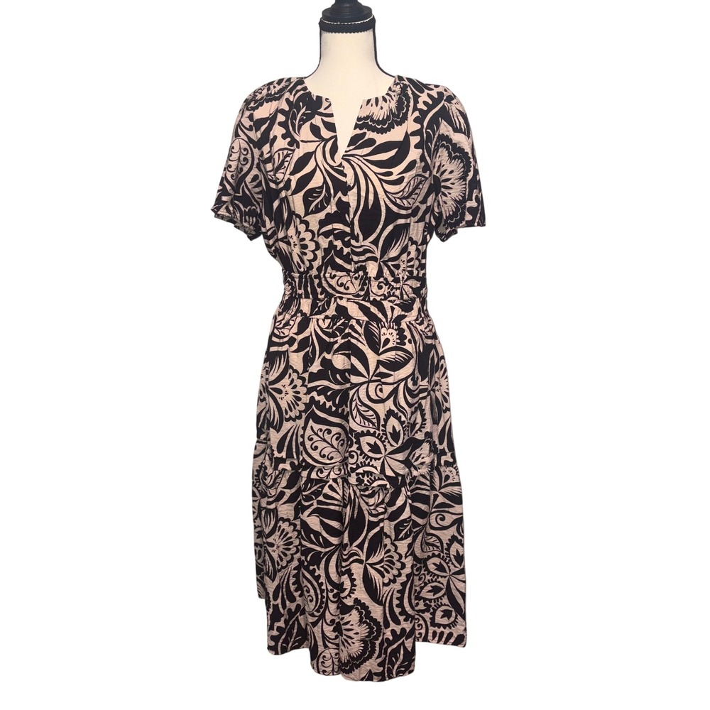 Floral Paisley Smocked Tiered Midi Dress Womens Large Pink Black Robbie Bee